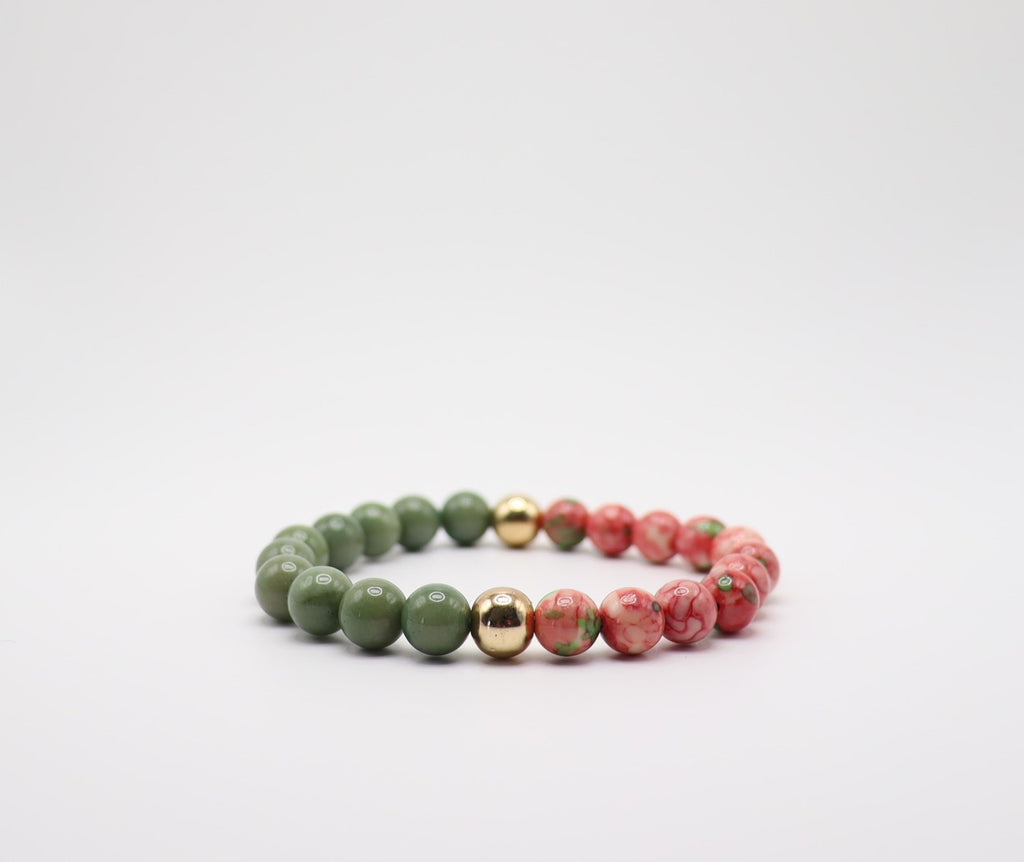 Pink Rose Jasper, Avocado Chalcedony & Gold Hematite Bracelet