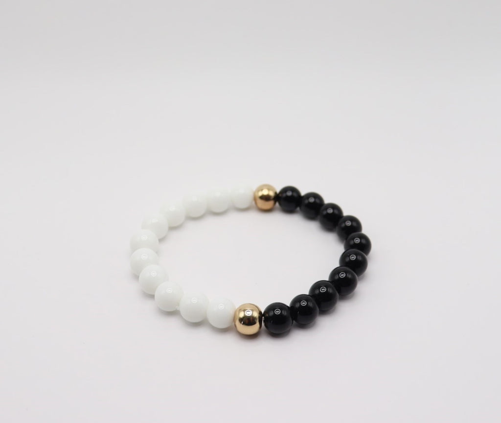 Black Obsidian, White Chalcedony & Gold Hematite Bracelet