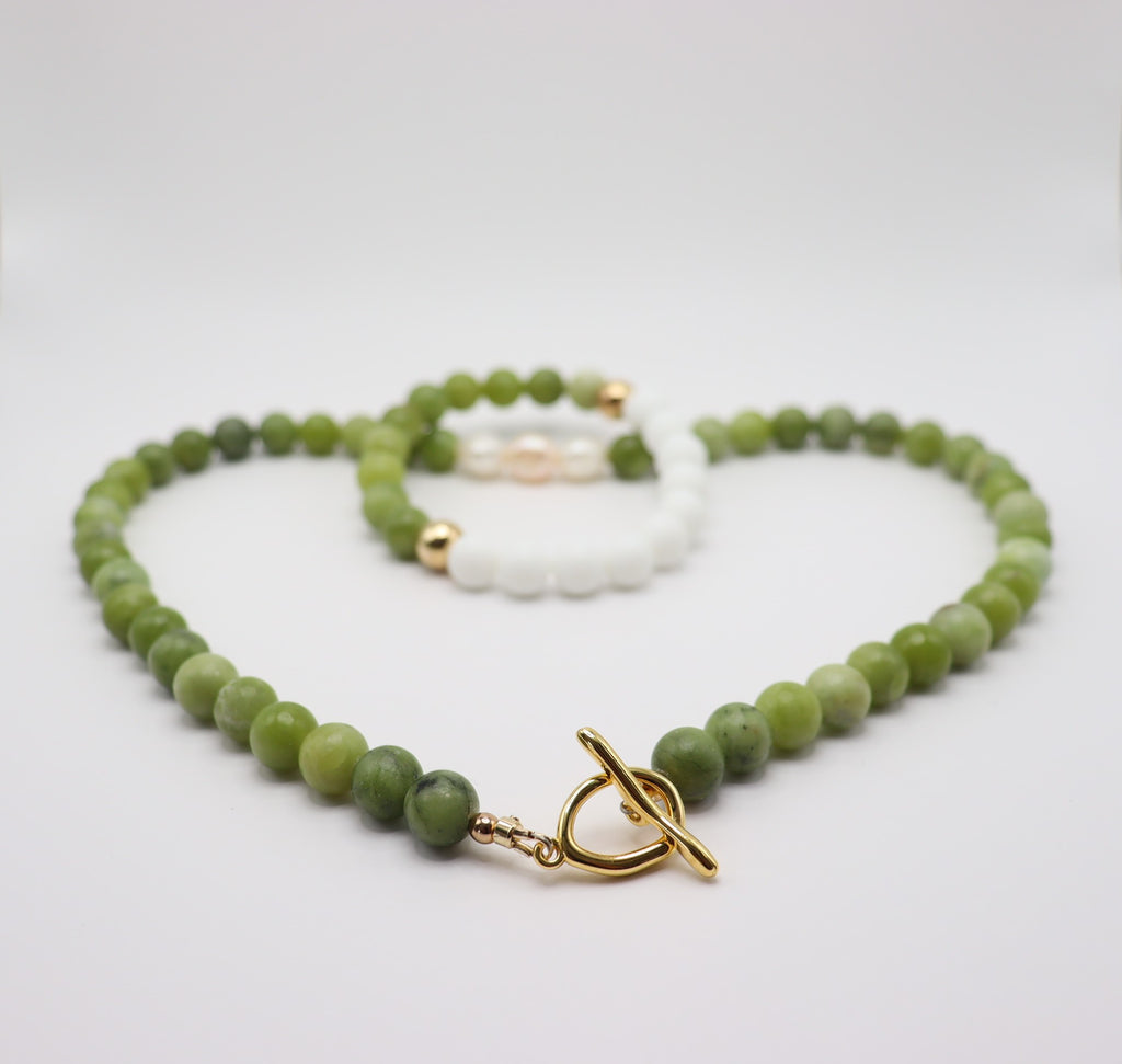 Jade, Freshwater Pearl, White Onyx & Gold Hematite — Necklace and Bracelet Set