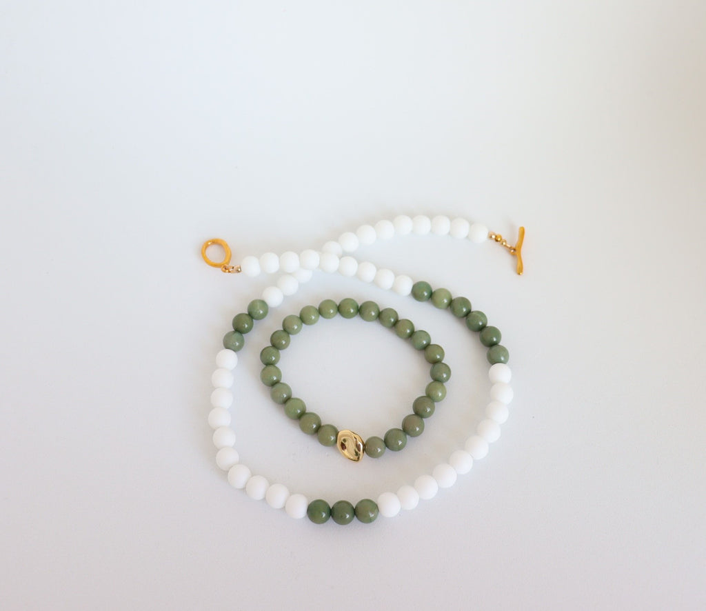White Chalcedony, Avocado Chalcedony & Gold Plated Hematite — Necklace and Bracelet Set