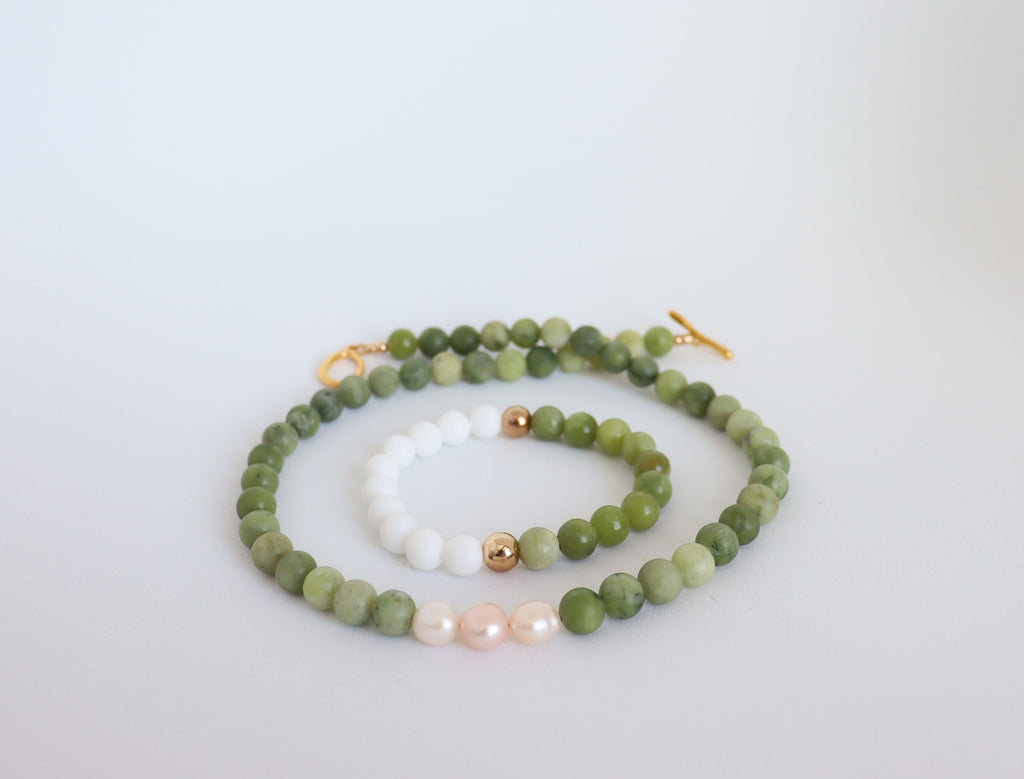 Jade, Freshwater Pearl, White Onyx & Gold Hematite — Necklace and Bracelet Set
