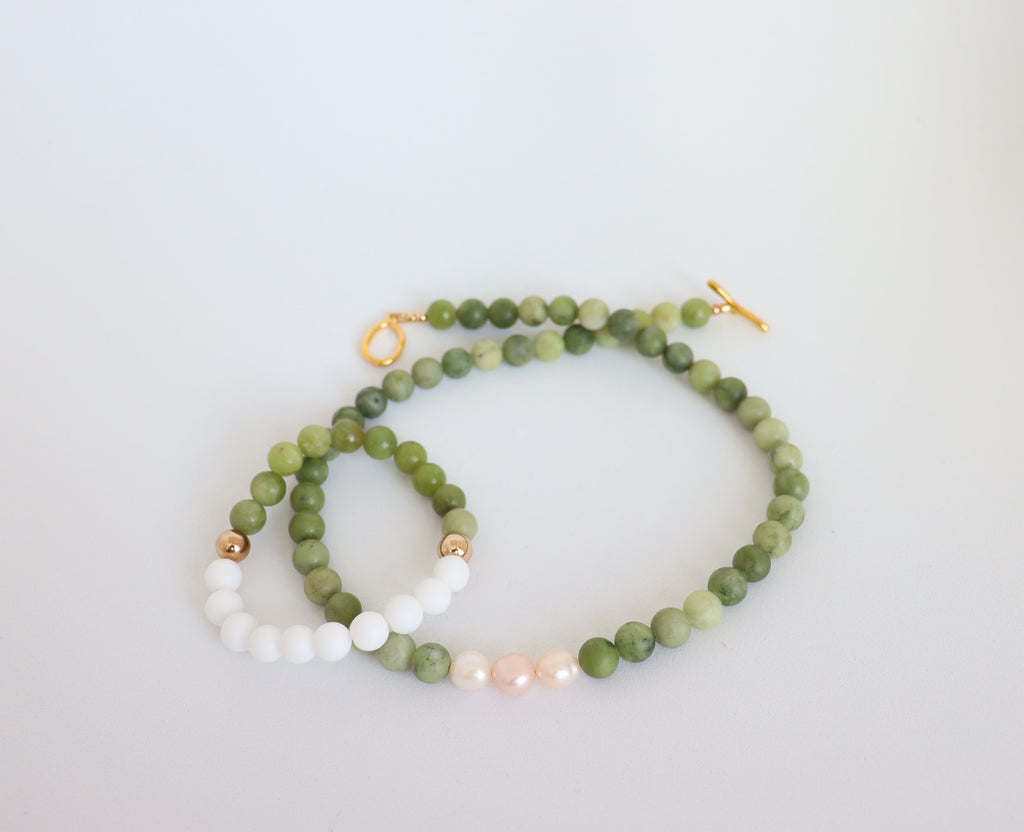 Jade, Freshwater Pearl, White Onyx & Gold Hematite — Necklace and Bracelet Set