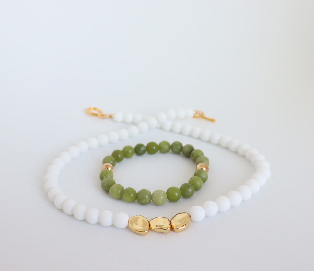 White Onyx, Gold Plated Hematite & Jade — Necklace and Bracelet Set
