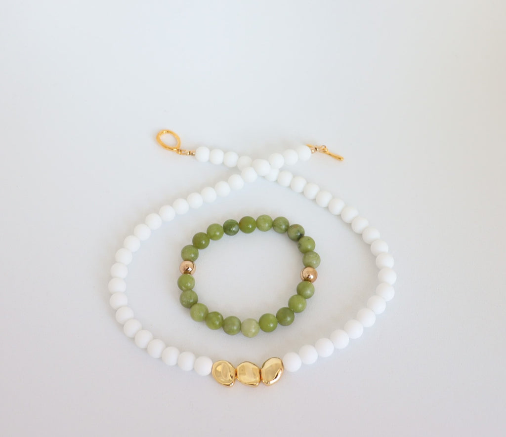 White Onyx, Gold Plated Hematite & Jade — Necklace and Bracelet Set